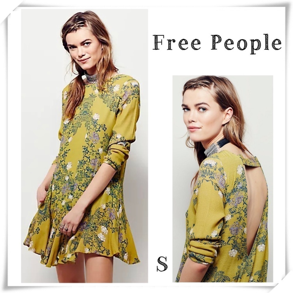 FREE People Smooth Talker Floral Tunic Bohemian Flowy Dress Mustard Yellow Sz S